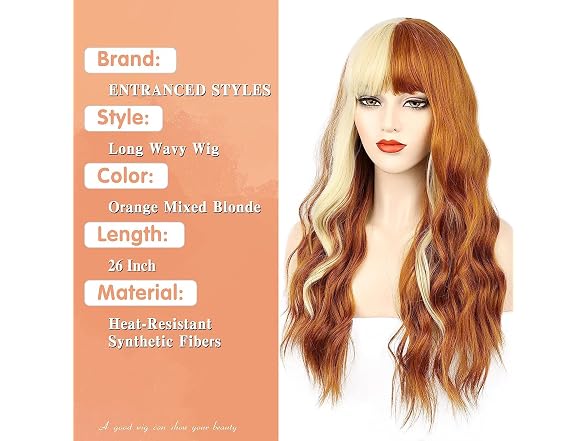 Orange Wig with Bangs Long Wavy Wigs for Women