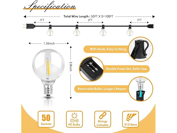 Brightever 100FT LED Outdoor String Lights, 2 Pack