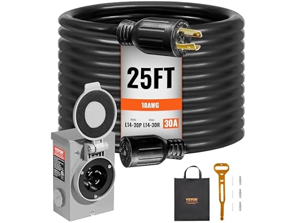 30 Amp Generator Cord and Power Inlet Box Kit