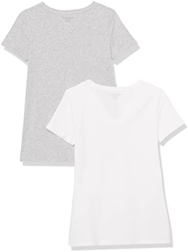 Amazon Essentials Women's Regular-Fit Short-Sleeve V-Neck T-Shirt, Pack of 2, Light Grey Heather/White, Medium