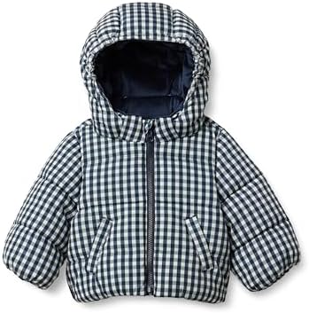 Amazon Essentials x Sofia Grainge Boys' Water-Resistant Hooded Puffer Jacket, Navy Ivory Gingham, XX-Large
