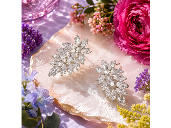 Silver Leaf Cluster CZ Stud Earrings