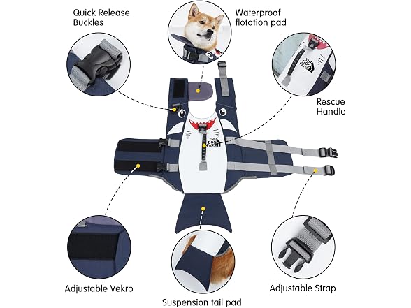 Dog Life Jacket,Cartoon Shark Pattern,Pet Fl