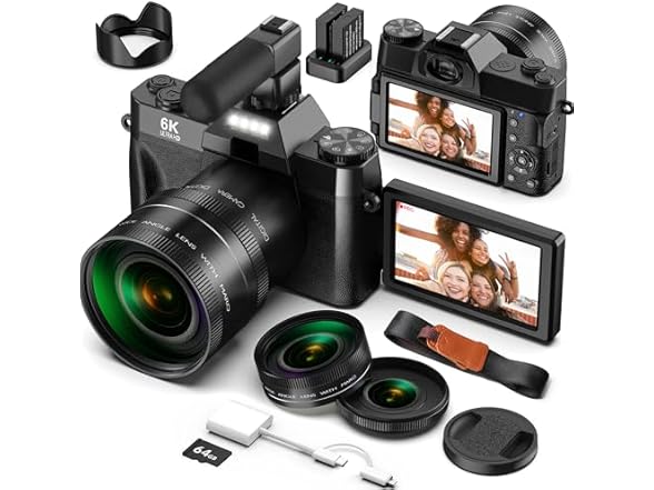 Yatao Digital Cameras for Photography and Vlogging, 6K 64MP Flip Screen, Dual Lens, Microphone for Video, 64GB TF Card, Compact Photo WiFi Camera for YouTube Kit Travel, Beginners (Black) (Open Box)