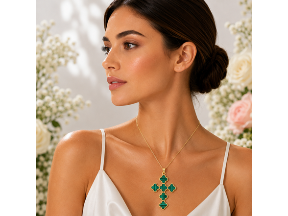 Gold Plated Green Clover Cross Pendant