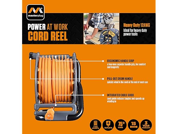 Masterplug 75ft Cord Reel with USB