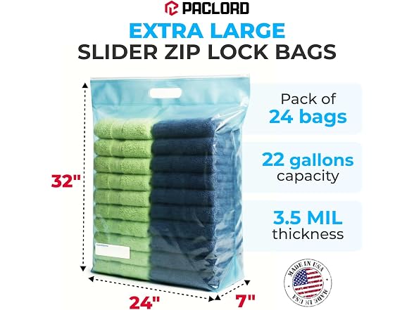 Paclord Large 24" x 32" (22 gallons) Slider Zip Lock Bags 24PK