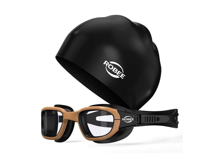 Robee Swim Goggles Silicone Swimming Cap and Carrying Case, Anti fog Pool Goggles for Adult Men Women Youth