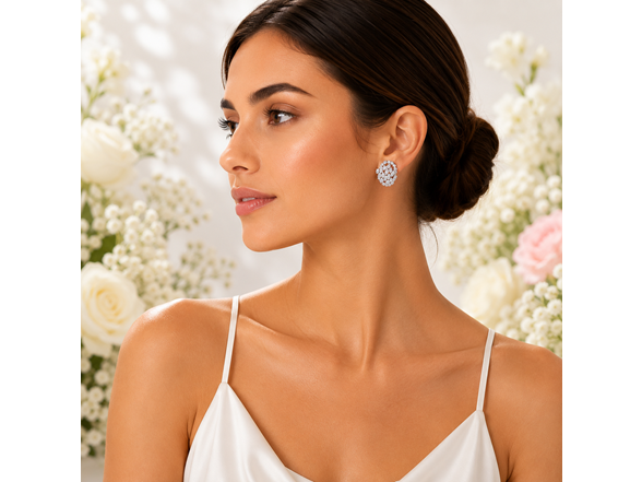 S/S Silver Tone Oval Cluster Cubic Zirconia Stud Earrings