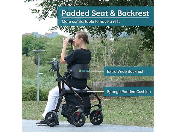 ELENKER All Terrain Rollator Walker Transport Wheelchair Combo, 2 in 1 Rolling Walker with Padded Seat and Wide Backrest, Black (Open Box)