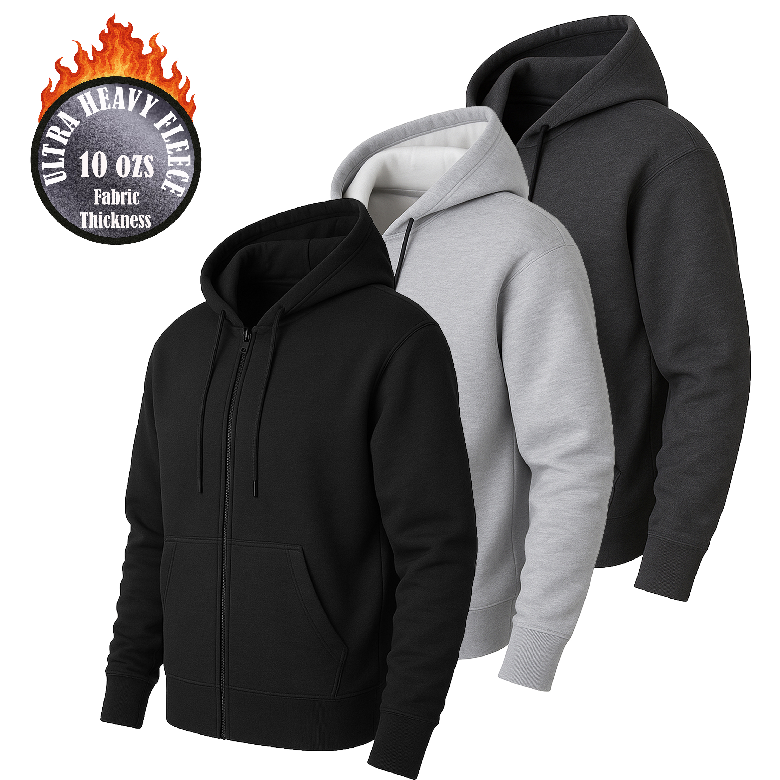 3Pk Mens Heavyweight Fleece-Lined Full Zip Hoodie - Gallery 9
