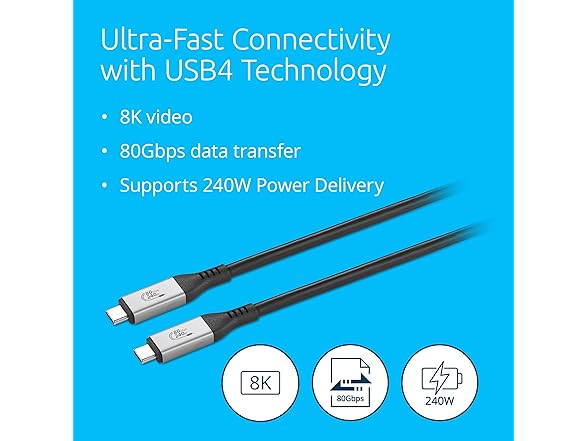 Kensington USB4 Cable 80Gbps, Supports up to 8K, 240W PD