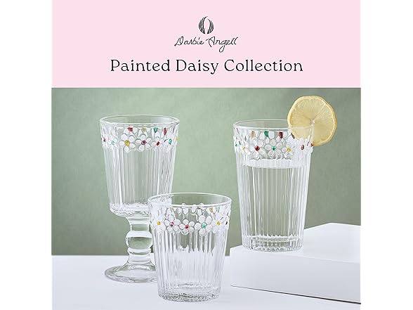 Darbie Angell Painted Daisy Tall Goblet Glasses Set of 4
