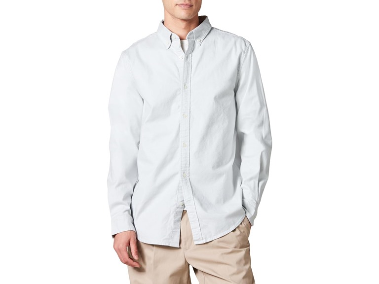 Amazon Essentials Men's Oxford Shirt, Slim-Fit Stretch, Long-Sleeve, Button Up, Light Grey, Small