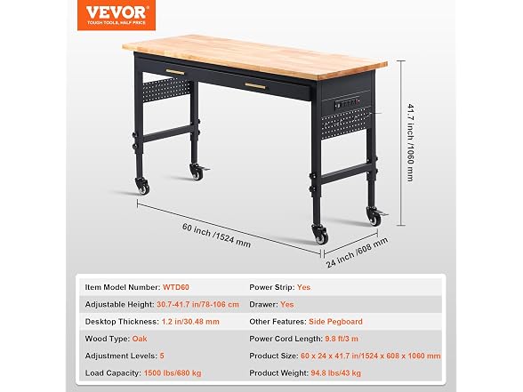 60-inch Adjustable Workbench, 1500 lbs Load