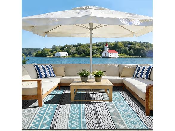 STRICKLANDHOME Outdoor Rug, Blue & Grey