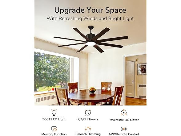 ULG 72 Inch Ceiling Fan with Light and Remote & App Control