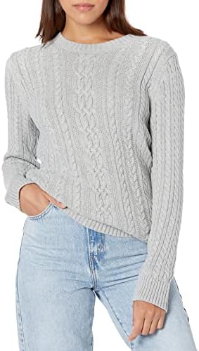 Amazon Essentials Women's Soft Fisherman Cable Long-Sleeve Crewneck Sweater (Available in Plus Size), Light Grey Heather, Large