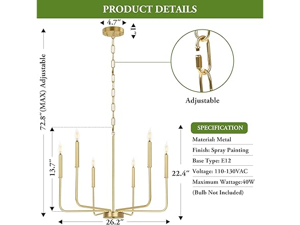 6-Light Gold Chandelier, Farmhouse E12 Candle Chandelier