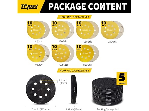 TPmax 70PCS 5 Inch 125mm 8 Hole Sanding Discs