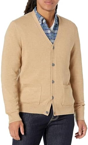 Amazon Essentials Men's Cotton Cardigan Sweater, Camel Heather, X-Small