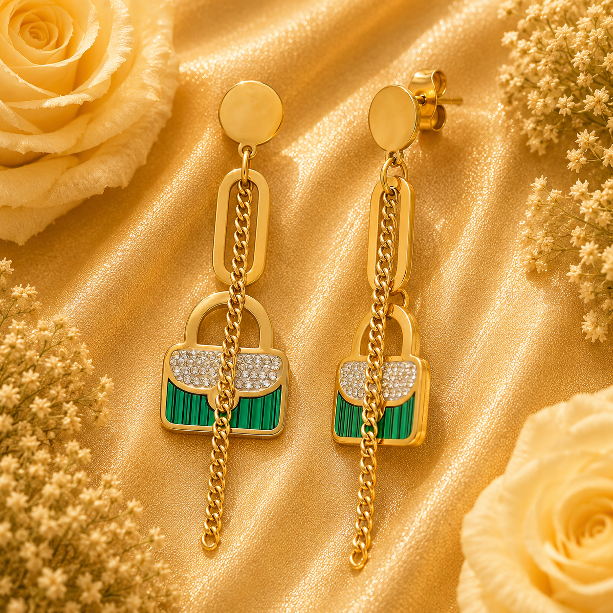 18K Gold Padlock Chain Drop Earrings - Gallery 5