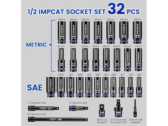 HERONIX 2-Piece 1/2" Drive Impact Socket Set