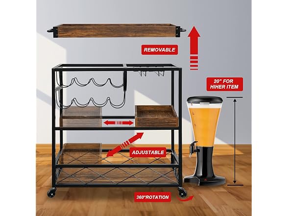 Bar Cart for Home, 3-Tier Rolling