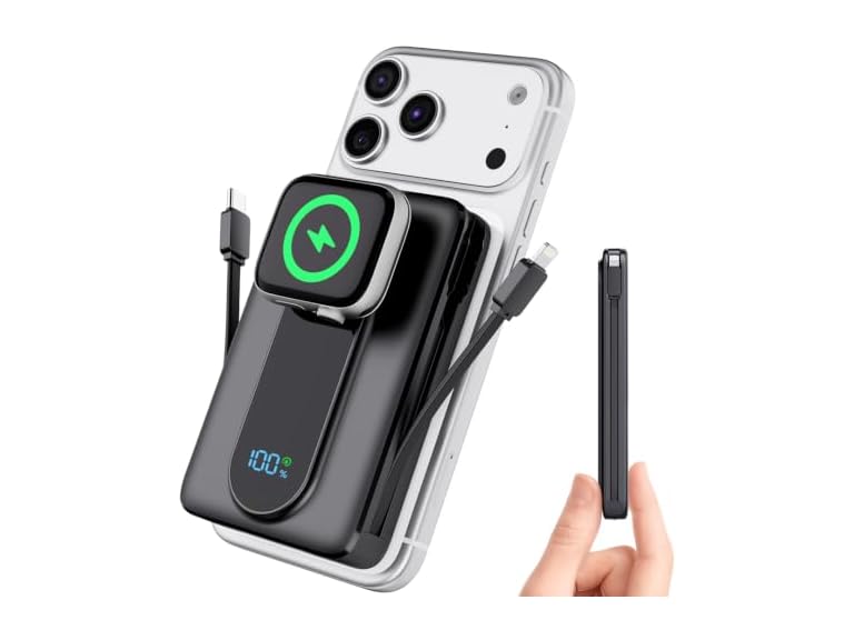 Magnetic Portable Charger 10000mAh, Power Bank with Built in Cable