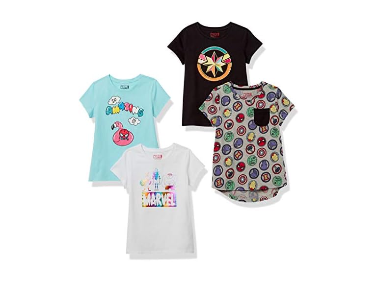 Amazon Essentials Disney | Marvel | Star Wars | Frozen | Princess Girls' Short-Sleeve T-Shirts, Pack of 4, Black/Blue/Grey/White Marvel Super Hero, Large