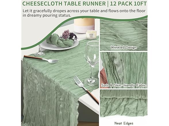 TISEMENT 12 Packs Cheesecloth Table Runne (Sage Green)