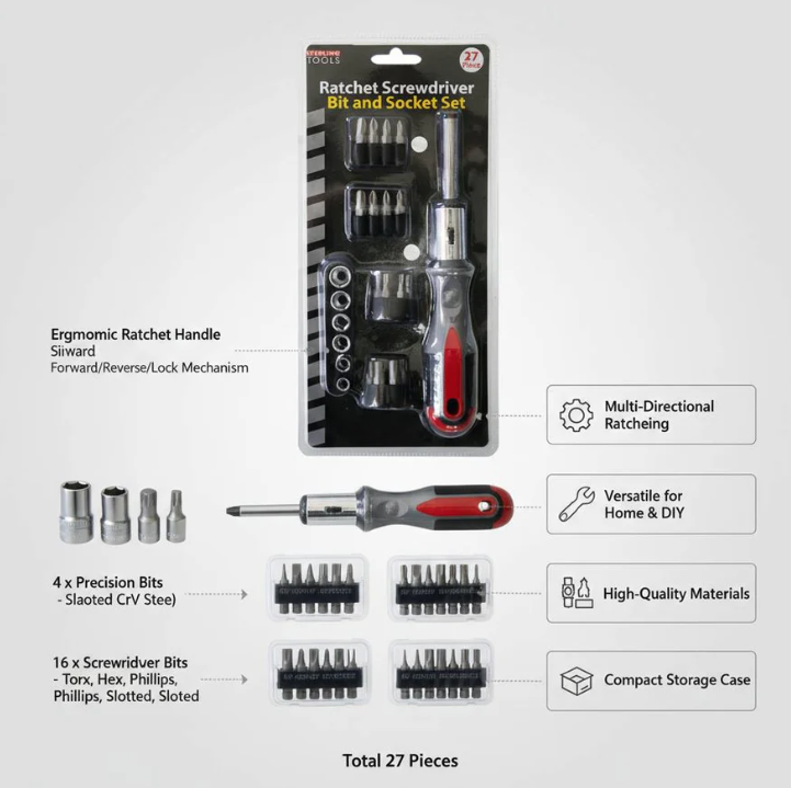 27 Piece Ratcheting Screwdriver Bit and Socket Set - Gallery 6