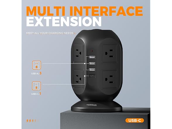TESSAN Power Tower 10ft Cord (8 Outlets, 4 USB)