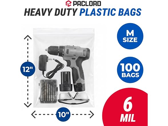 10" x 12" Medium Reclosable Plastic Zip Bags, 100 Count