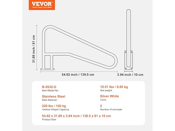 Pool Handrail, 2 PCS 55 x 32 inch