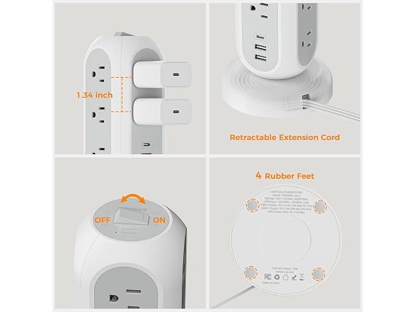 TESSAN 5ft Cord Power Tower (11 Outlets, 3 USB)