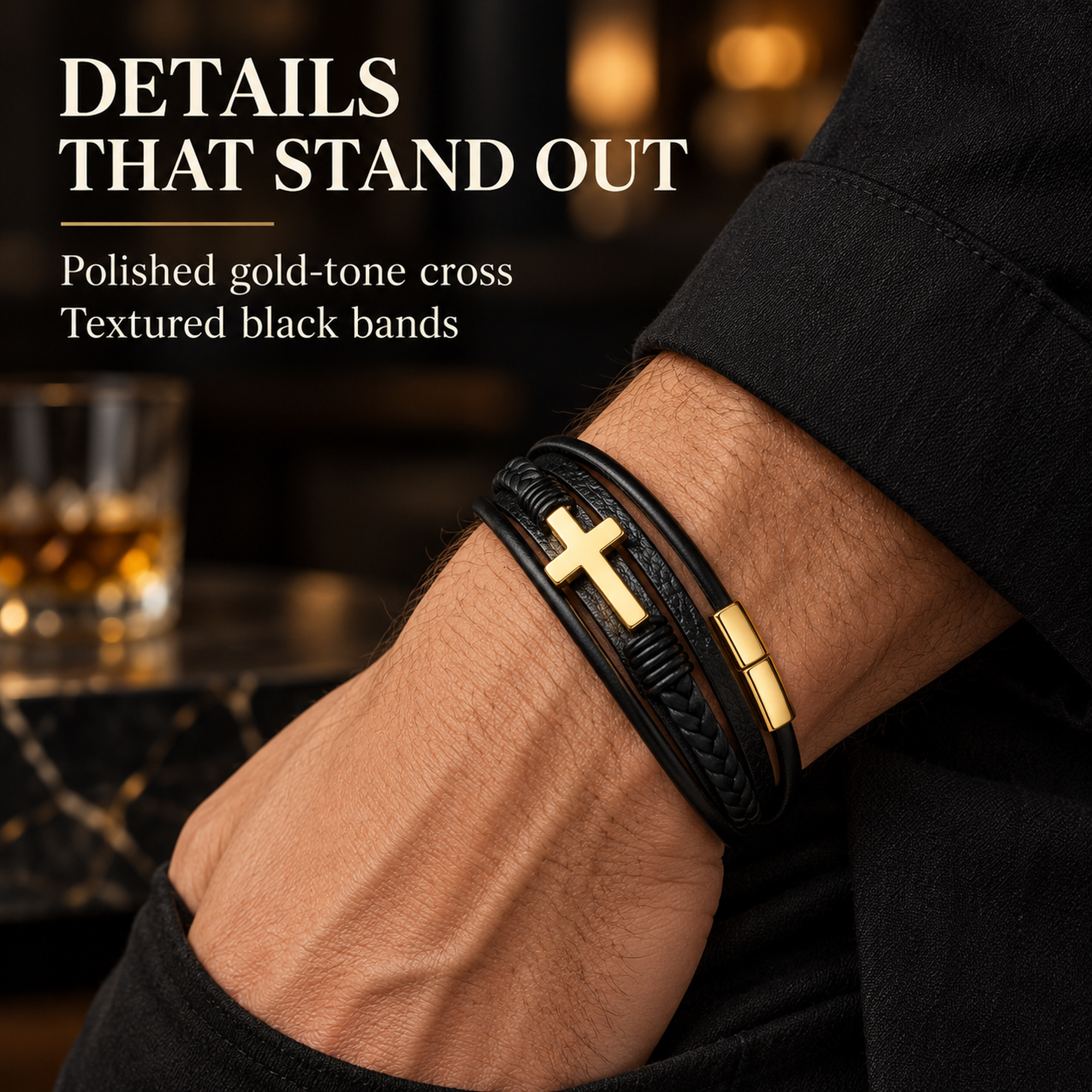 Mens Braided Leather Cross Bracelet - Gallery 8