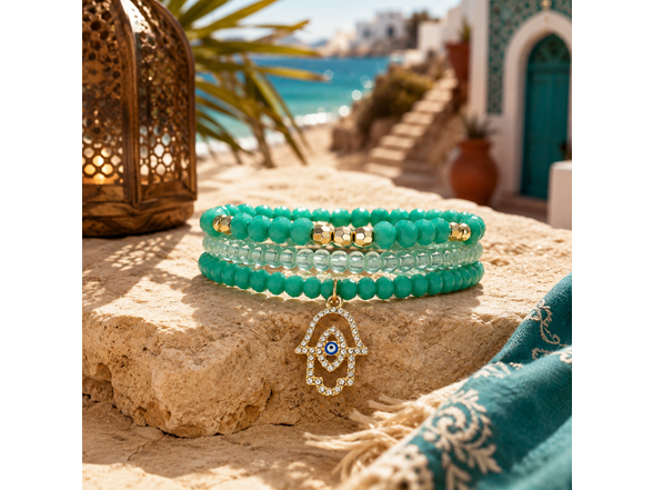 Stretch Beaded Bracelet Stack with Hamsa Charm