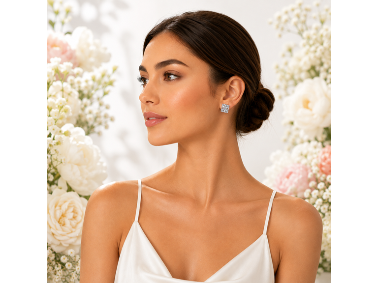S/S Silver Tone Floral Cluster Cubic Zirconia Stud Earrings