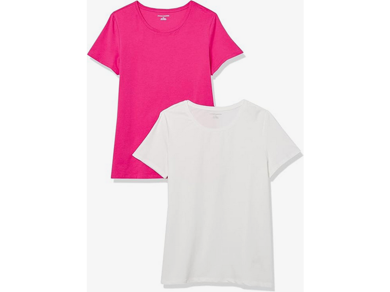 Amazon Essentials Women's Regular-Fit Short-Sleeve Crewneck T-Shirt, Pack of 2, Bright Pink/White, Small