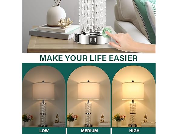 GoBright 3-Way Touch Control Crystal Table Lamps Set of 2