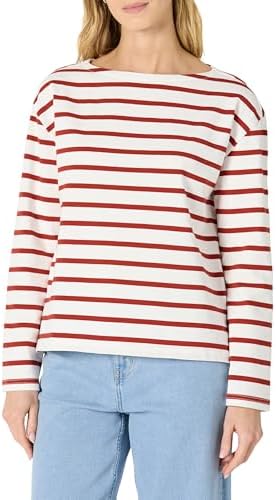Amazon Essentials Women's 100% Cotton Heavyweight Long-Sleeve Boatneck Top, Eggshell White Mariner Stripe, Small