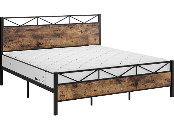 GAOMON Queen Metal Bed, Rustic Wood