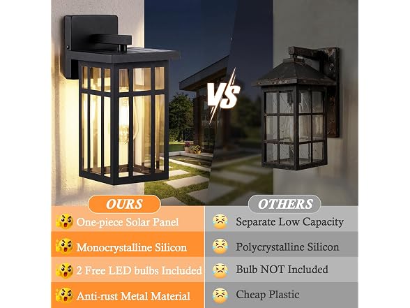 2-Pack Solar Outdoor Wall Lights, Exterior Wall Lanterns Black