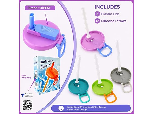 DIPESI Soda Can Lids w/ Straws, 6 Pack