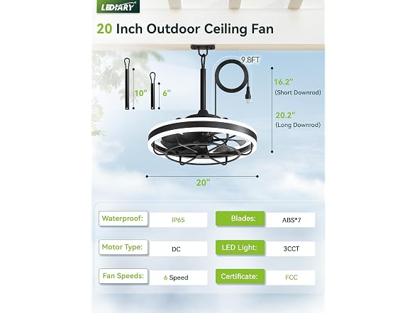 LEDIARY Black 20" Outdoor Ceiling Fan with Lights