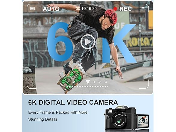 Yatao Digital Cameras for Photography and Vlogging, 6K 64MP Flip Screen, Dual Lens, Microphone for Video, 64GB TF Card, Compact Photo WiFi Camera for YouTube Kit Travel, Beginners (Black) (Open Box)