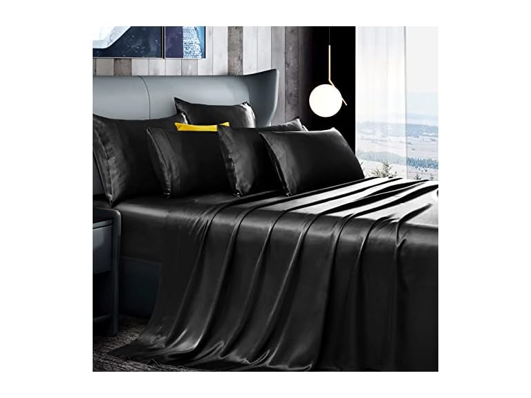 7Pcs Black Satin Sheets King Size