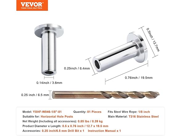 VEVOR 81 Pack T316 Stainless Steel Protector Sleeves for 1/8" Wire Rop