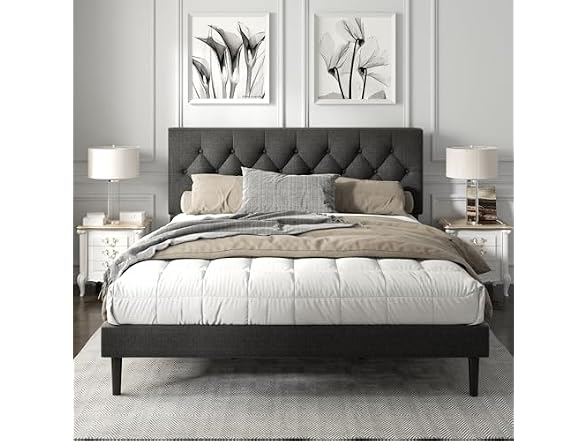 Platform Bed Frame, Tufted Headboard